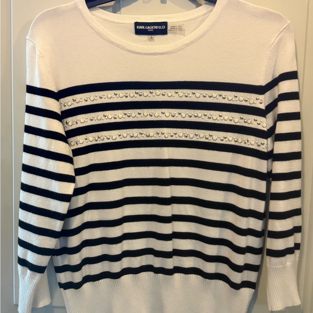 Karl Lagerfeld White Sweater with Black Stripe and Pearl Accents